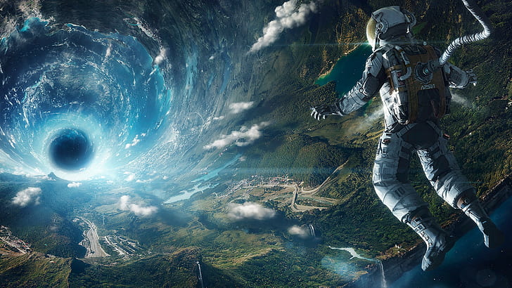 space space station artificial gravity fantasy art digital art astronaut spacesuit landscape clouds nature lake forest stars futuristic tunnel wormholes