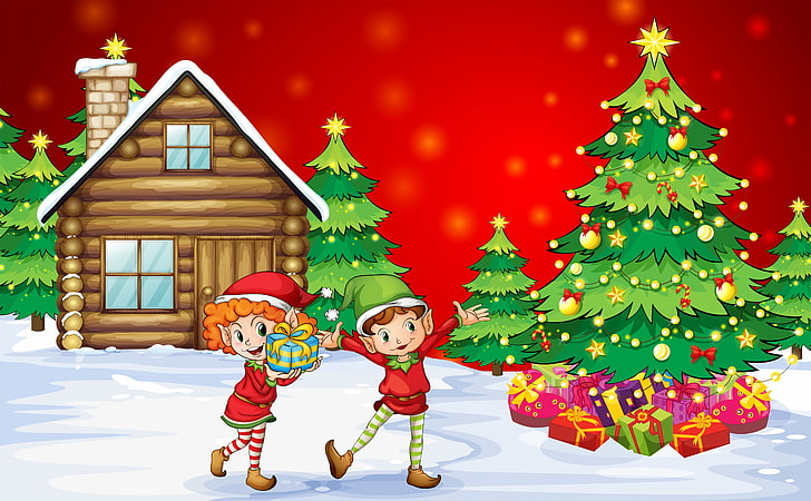 Christmas tree and house beside elf wallpaper, snow, happiness