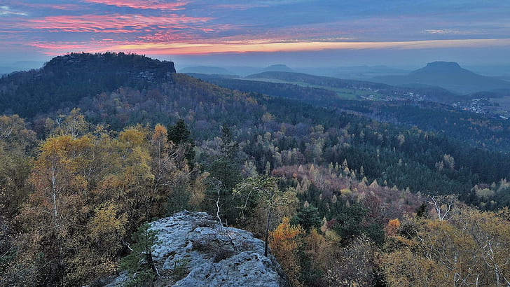 Wonderful Saxon Np In Switzerl, forest, valley, sunset, rocks, HD wallpaper