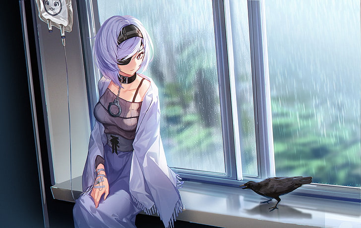 purple-haired female anime character illustration, black survival