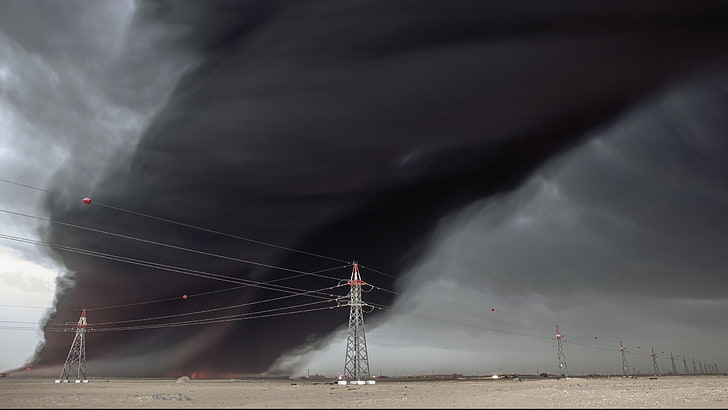 gray metal electricity pylon, desert, wire, tornado, fire, utility pole, HD wallpaper