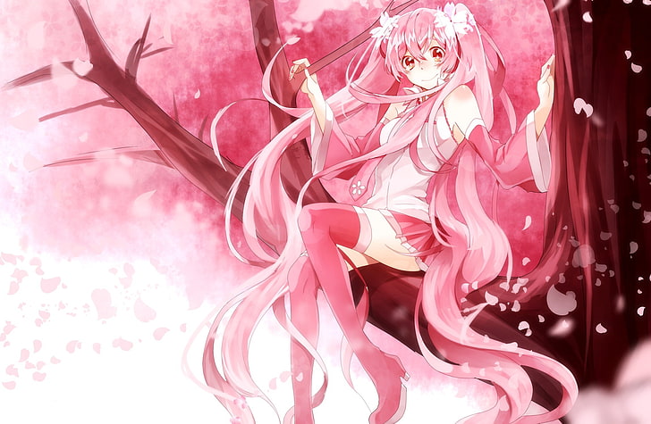 Vocaloid, Hatsune Miku, Sakura Miku, twintails, pink color, HD wallpaper