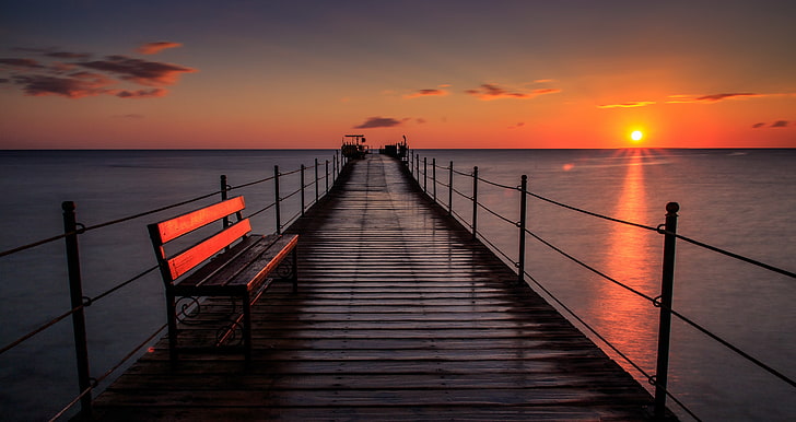 sea, sunset, nature, pier, bench, sky, water, scenics - nature, HD wallpaper