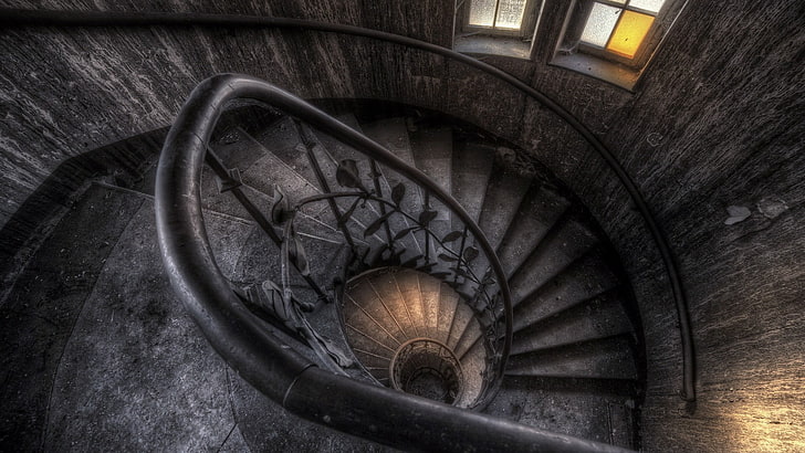 black helix spiral stairway wallpaper, stairs, building, architecture