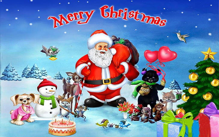 Merry Christmas With Santa Clause With His Merry Friends Desktop Hd Wallpaper 1920×1200