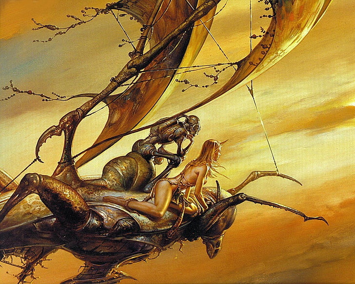 woman riding on insect painting, Boris Vallejo, no people, nature, HD wallpaper