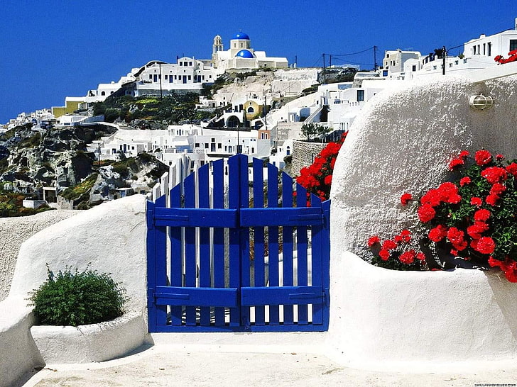 beautiful blue Greece Architecture Houses HD Art, Nice, door
