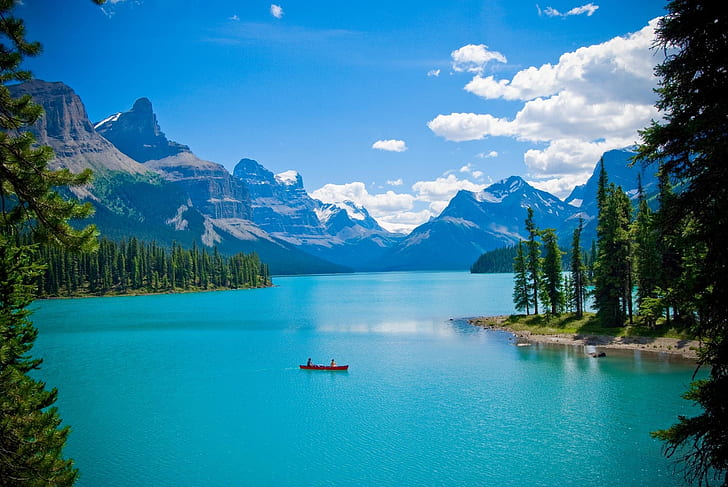 mountains clouds landscapes trees forest ships canada lakes canoe maligne lake 2048x1371 wallpape Nature Lakes HD Art