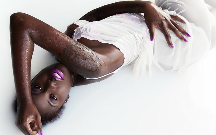 women, model, ebony, wet body, purple nails, purple lipstick, HD wallpaper