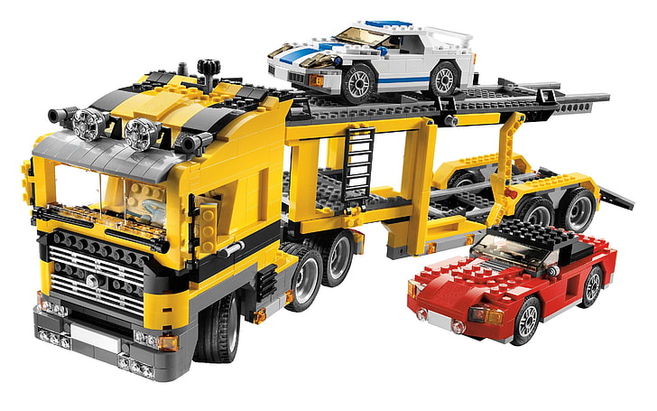 yellow car transporter and Honda S2000 LEGO, studio shot, technology, HD wallpaper