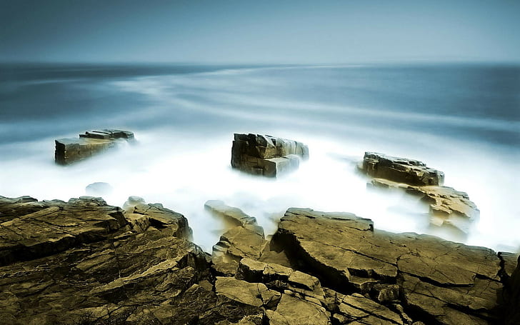 rock, sea, nature, horizon, sky, HD wallpaper