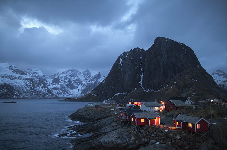 houses near body of water with mountains, Nightfall, Hamnoy, Lofoten, HD wallpaper