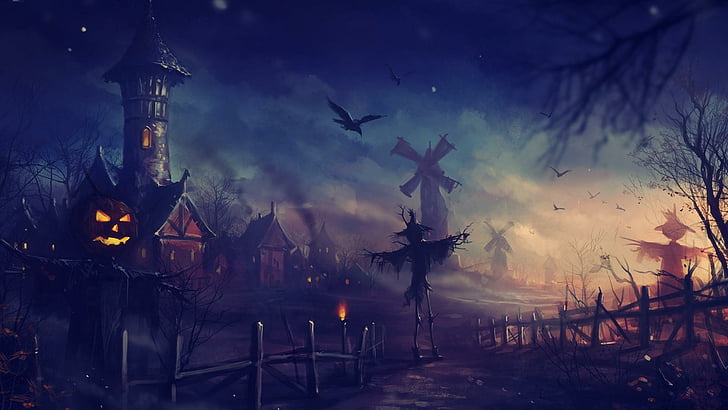 scary, halloween, crows, trees, fence, scarecrow, windmill, HD wallpaper