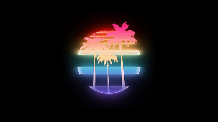 1980s, palm trees, neon, minimalism, illuminated, sign, black background