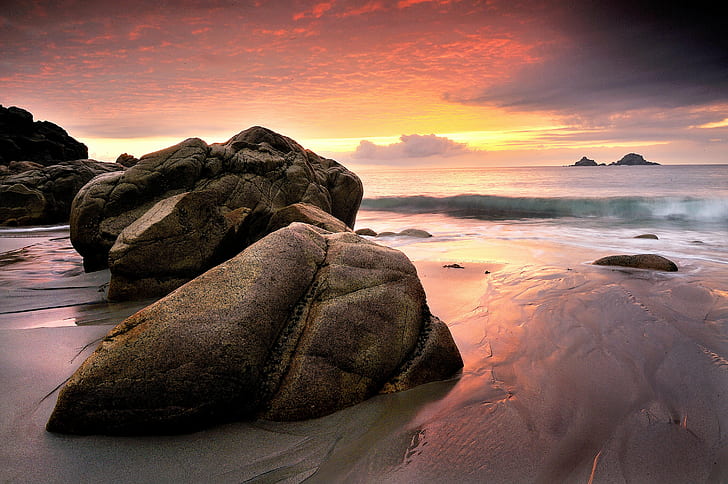 rock formation near wavy sea at sunset, Evening Light, Light  rock