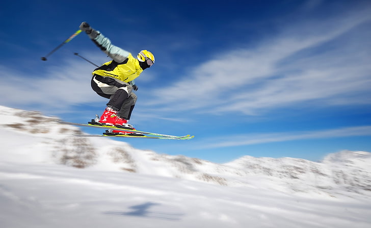 Freestyle Skiing, person's yellow jacket and black pants, Sports
