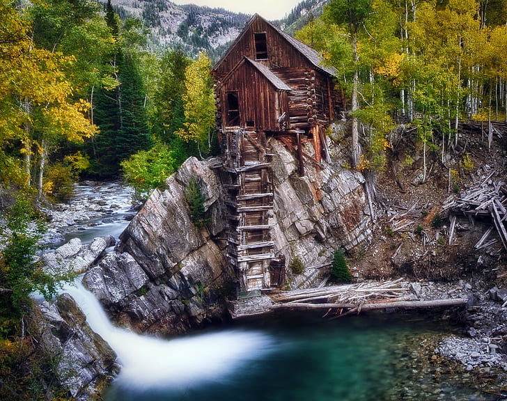 brown wooden cabin on cliff, crystal mill, crystal mill, Fall