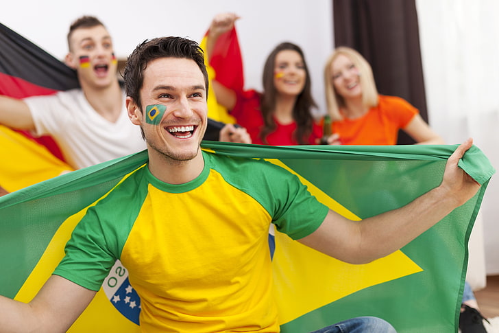men's yellow and green crew-neck T-shirt, brazil, fifa, world cup, HD wallpaper