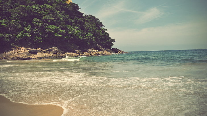body of water, sea, island, waves, sand, rock, nature, beach, HD wallpaper