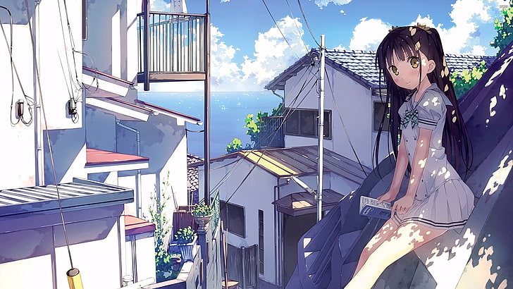 anime, anime girls, sea village, sitting, reading, skirt, Kantoku, HD wallpaper