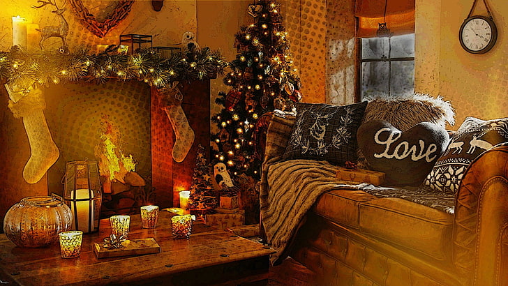 Christmas tree, sofa, fireplace and coffee table, lights, trees, HD wallpaper