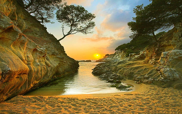 Nature, Landscape, Sunrise, Beach, Sand, Trees, Rock, Coast, Sea, HD wallpaper
