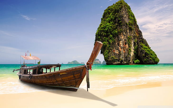 Thailand Krabi Islnd Beautiful Beach With Boat Hd Wallpaper 142562