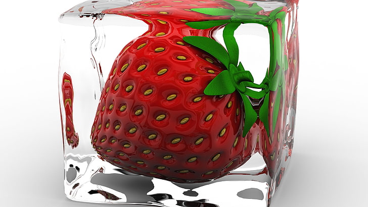 strawberry fruit decor, food, strawberries, ice cubes, red, white background