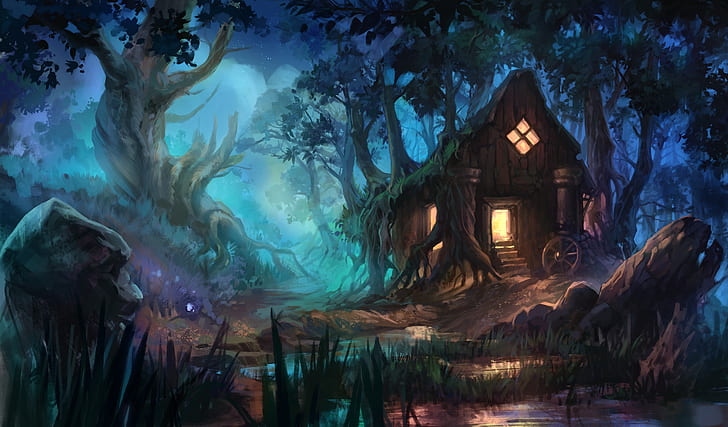 Fantasy, House, Forest, Night