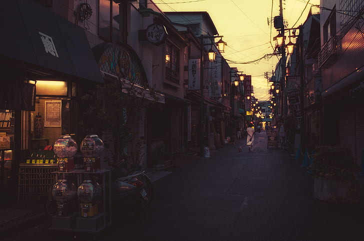 street, Japan, evening, street light, urban, lights, HD wallpaper