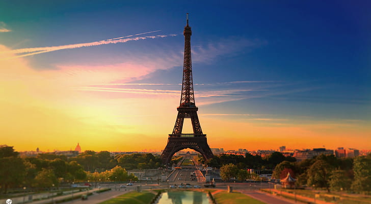 landscape, city, France, Paris, sunrise, sunset, orange sky