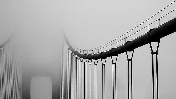 black hanging bridge, mist, Golden Gate Bridge, monochrome, sky