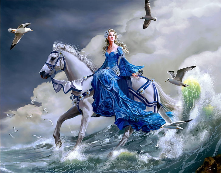 woman riding on white horse digital wallpaper, sea, girl, wave, HD wallpaper