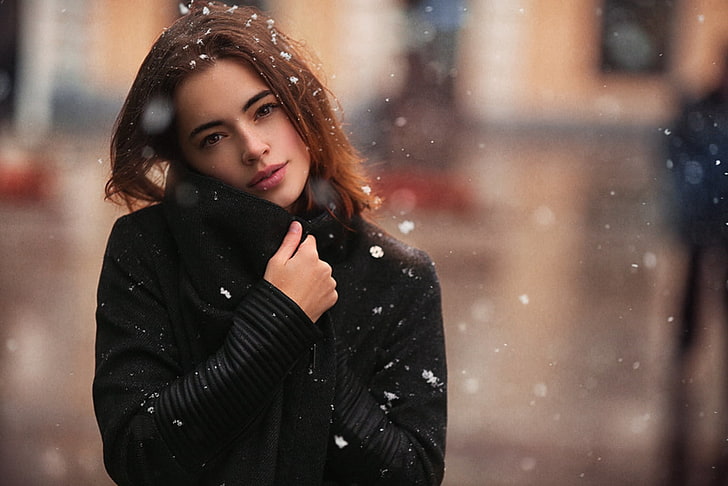 Lidia Savoderova, women, model, brunette, snow, coats, brown eyes