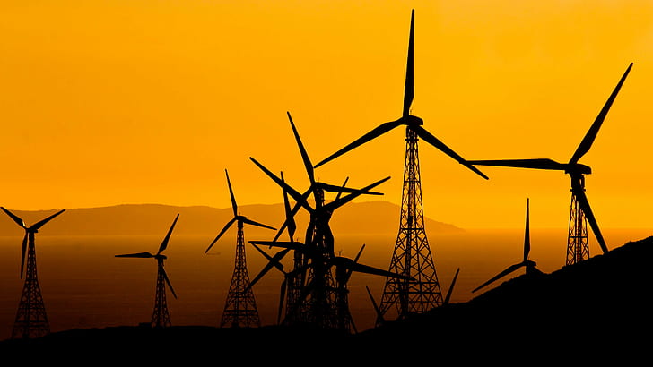 windmills during sunset, Breeze, Energía, molinos, aspas, giros, HD wallpaper