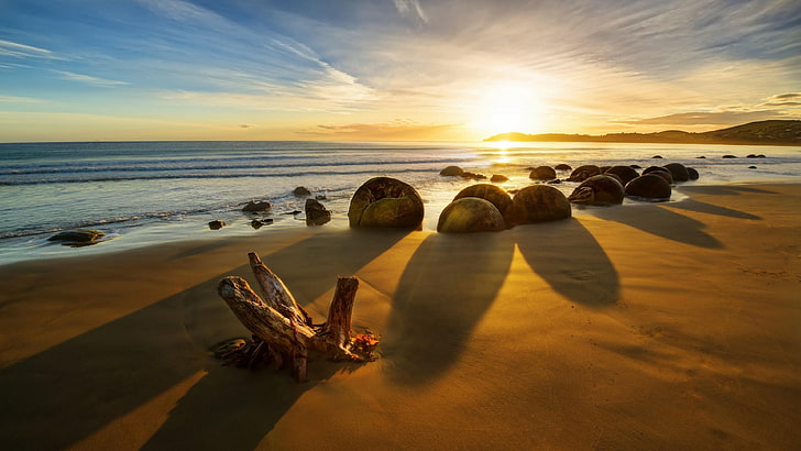 sunrise, koekohe beach, moeraki boulders, new zealand, sunlight, HD wallpaper