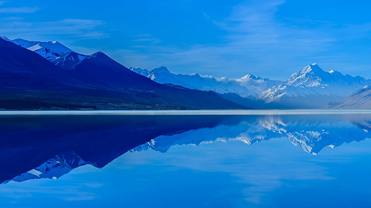 Pukaki lake, mountain, sky, scenery, snow capped mountain ranges