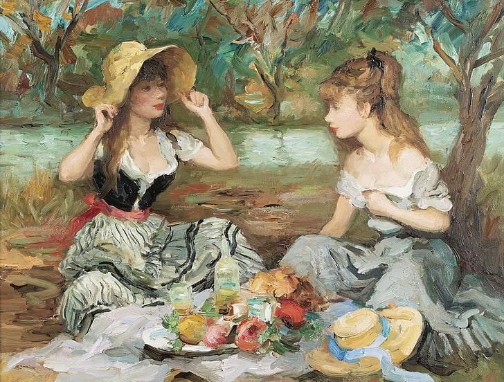 two woman in forest painting, nature, picture, picnic, genre