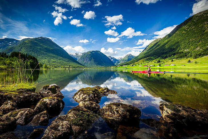 Norway, Sogn and Fjordane, mountains, kayak, lake, Heimdall, HD wallpaper