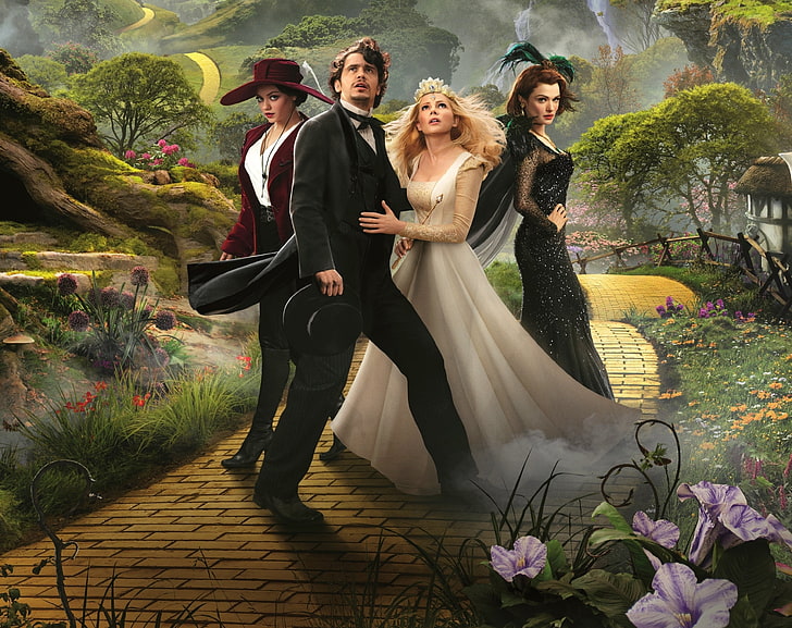Oz the Great and Powerful 2013 Movie, man and three women on pathway digital wallpaper