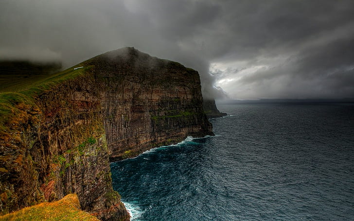 Nature, Landscape, Clouds, Storm, Cliff, Sea, Coast, Faroe Islands, HD wallpaper