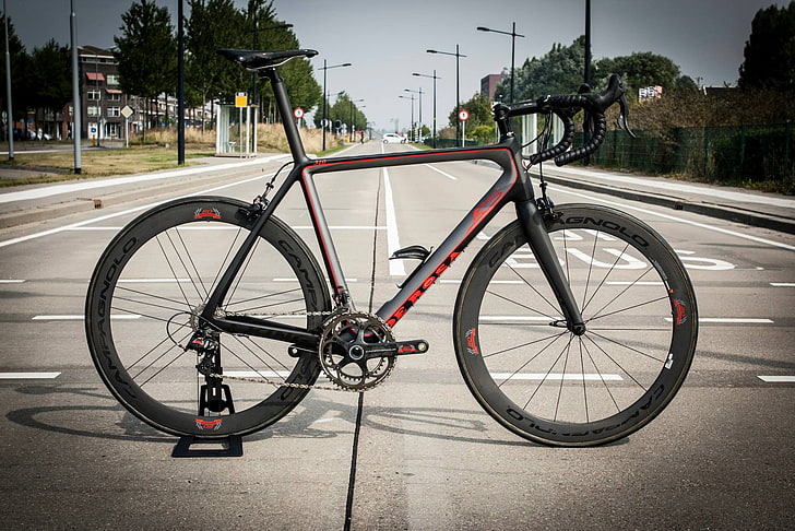 black and red rigid road bike, bicycle, carbon fiber , wheels