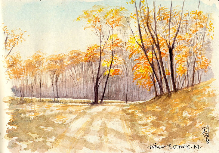 road surrounded by trees painting, artwork, watercolor, traditional art