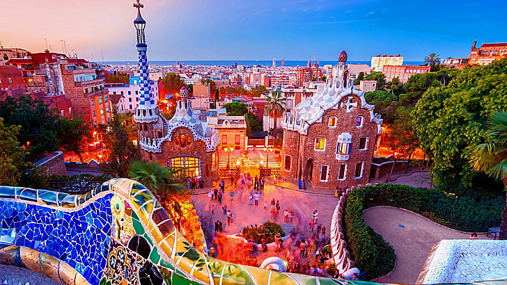 park guell, barcelona, europe, spain, architecture, scenery, HD wallpaper