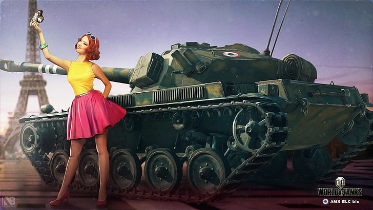 brown and green battle tank wallpaper, girl, pose, figure, easy