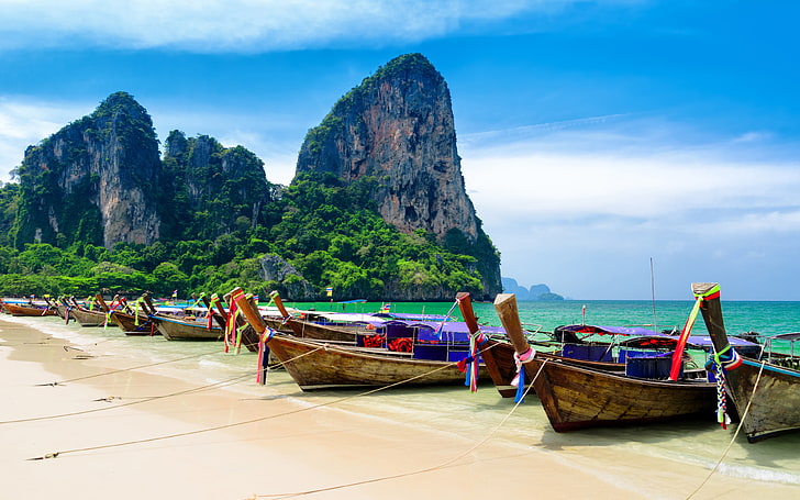 Tropical Landscape Krabi Beach Thailand Ocean Turquoise Water Boats Coast Rocks Blue Sky Desktop Hd Wallpaper 3840×2400, HD wallpaper