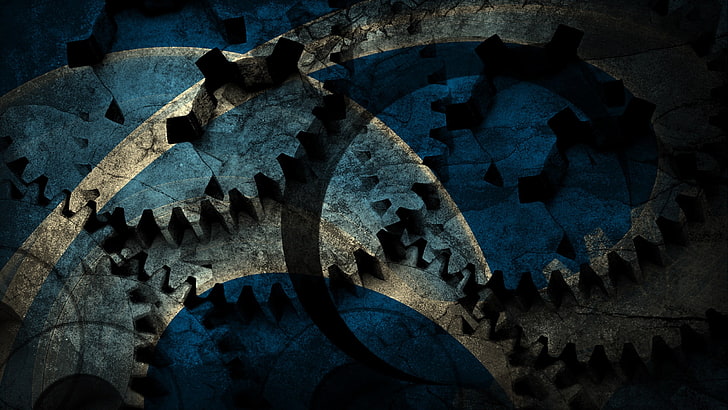 blue and white sprocket digital wallpaper, gears, machine, abstract, HD wallpaper