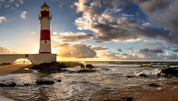 sea, the sky, the sun, clouds, stones, dawn, coast, lighthouse, HD wallpaper