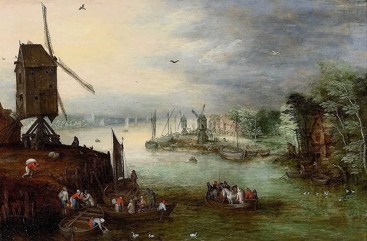 boat, bruegel, jan, landscape, mill, painting, river, wallpaper, HD wallpaper