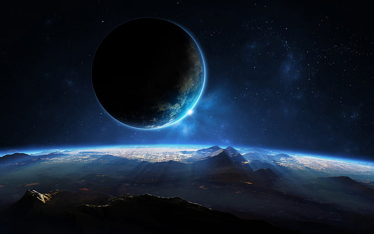 Planet, space, sci fi, light, mountains